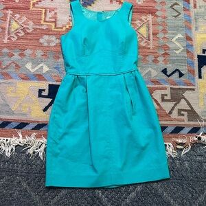 J. Crew Vibrant Teal Blue & Gold Zipper Structured Pleated Sheath Mini Dress